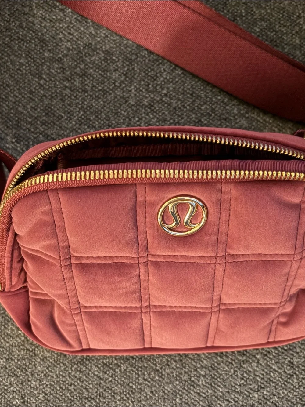 lululemon Quilted Crossbody Belt Bag — Burgundy Velour with Gold Hardware